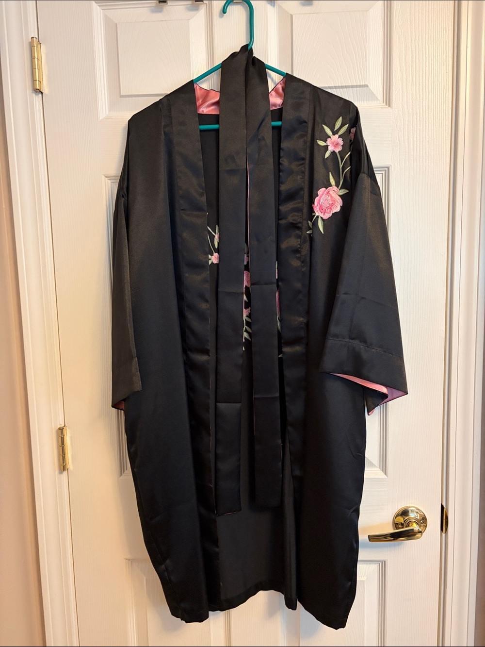 Black Satin Kimono-Style Robe with Floral Details Add to bundle for free